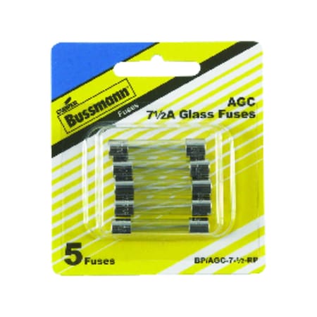 Eaton Bussmann Glass Fuse, AGC Series, Fast-Acting, 7.50A, 250V AC, 10kA at 125V AC, 200A at 250V AC, 5 PK BP/AGC-7.5-RP